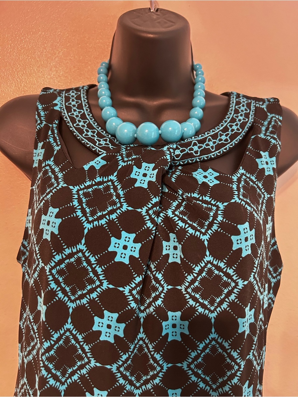 Magnolia Grace Black & Aqua Print Sleeveless Dress Decorative Collar, Size M